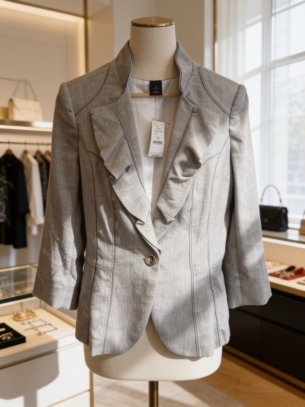 White House Black Market Light Gray Ruffle-Front Blazer